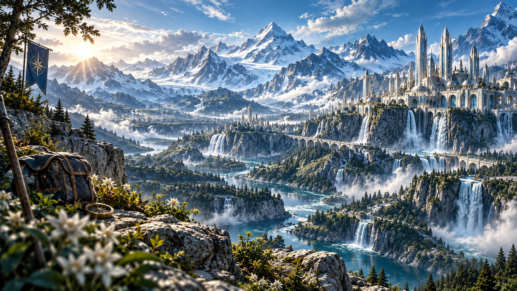 Mountain citadel, waterfalls, and cloudline landscape of the Voyagers