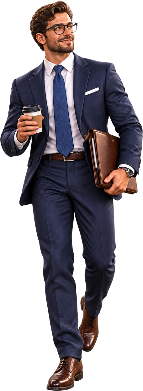 The Broker carrying a portfolio and coffee