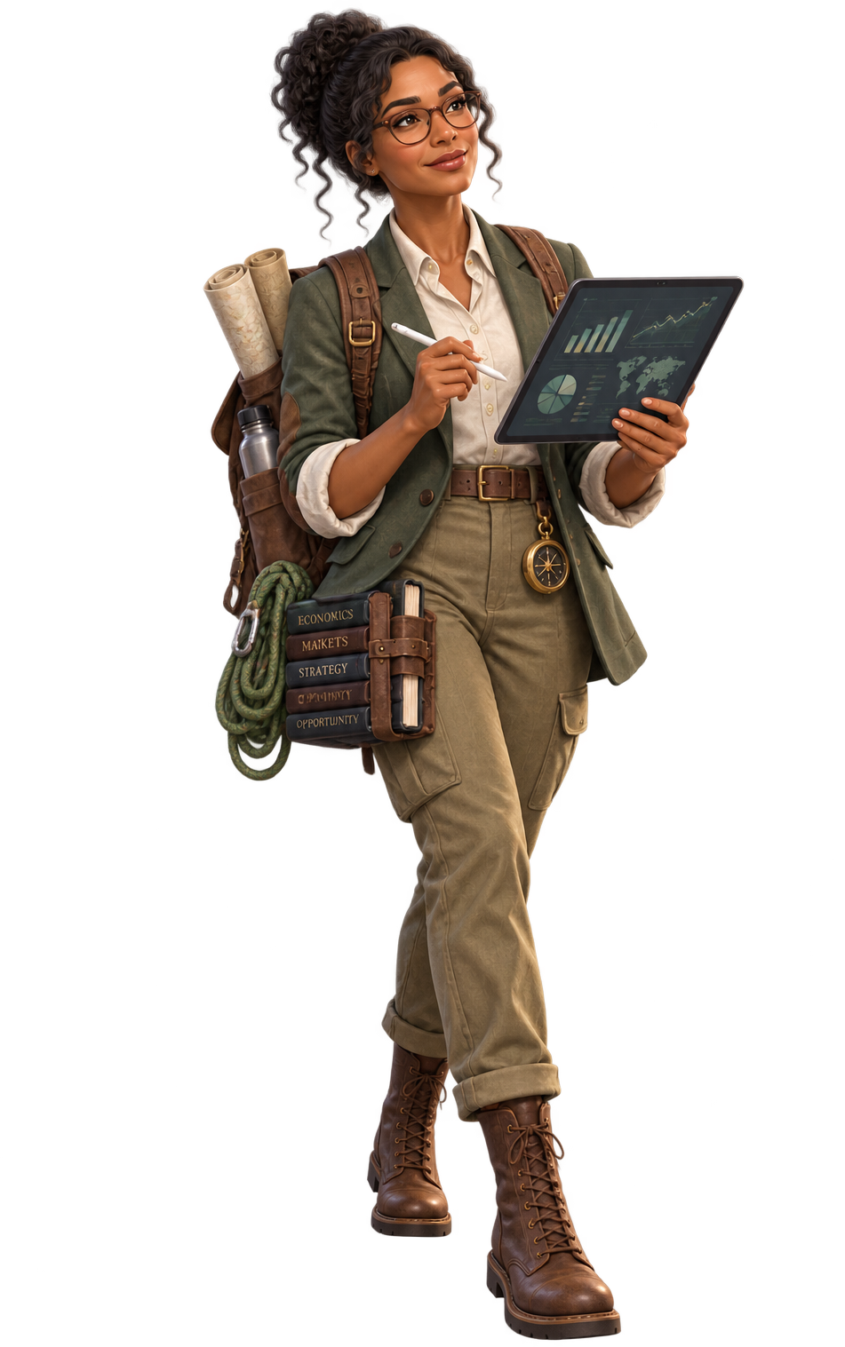 The Analyst carrying books and a leather satchel