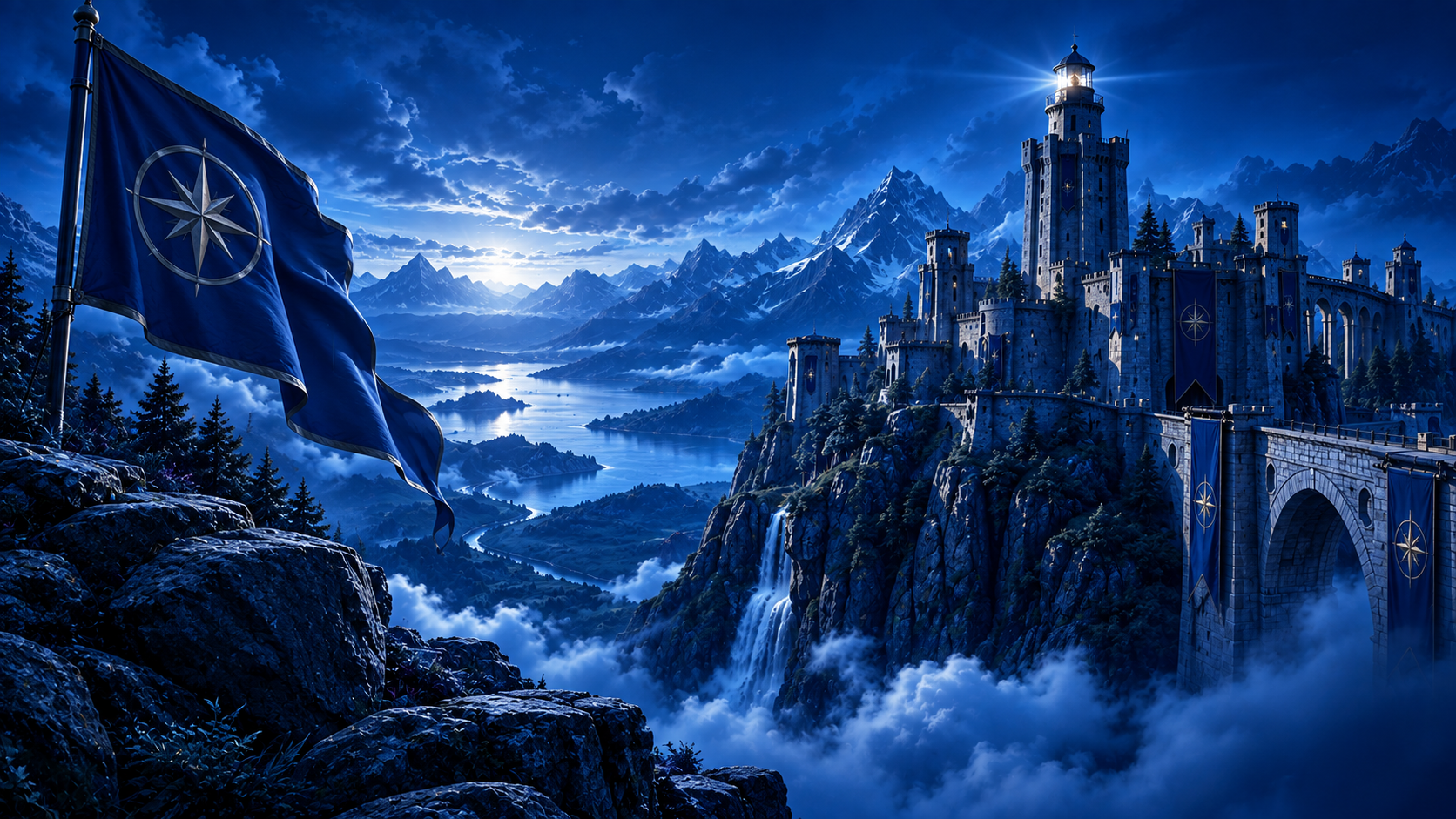 A blue mountain landscape leading toward a distant fortress