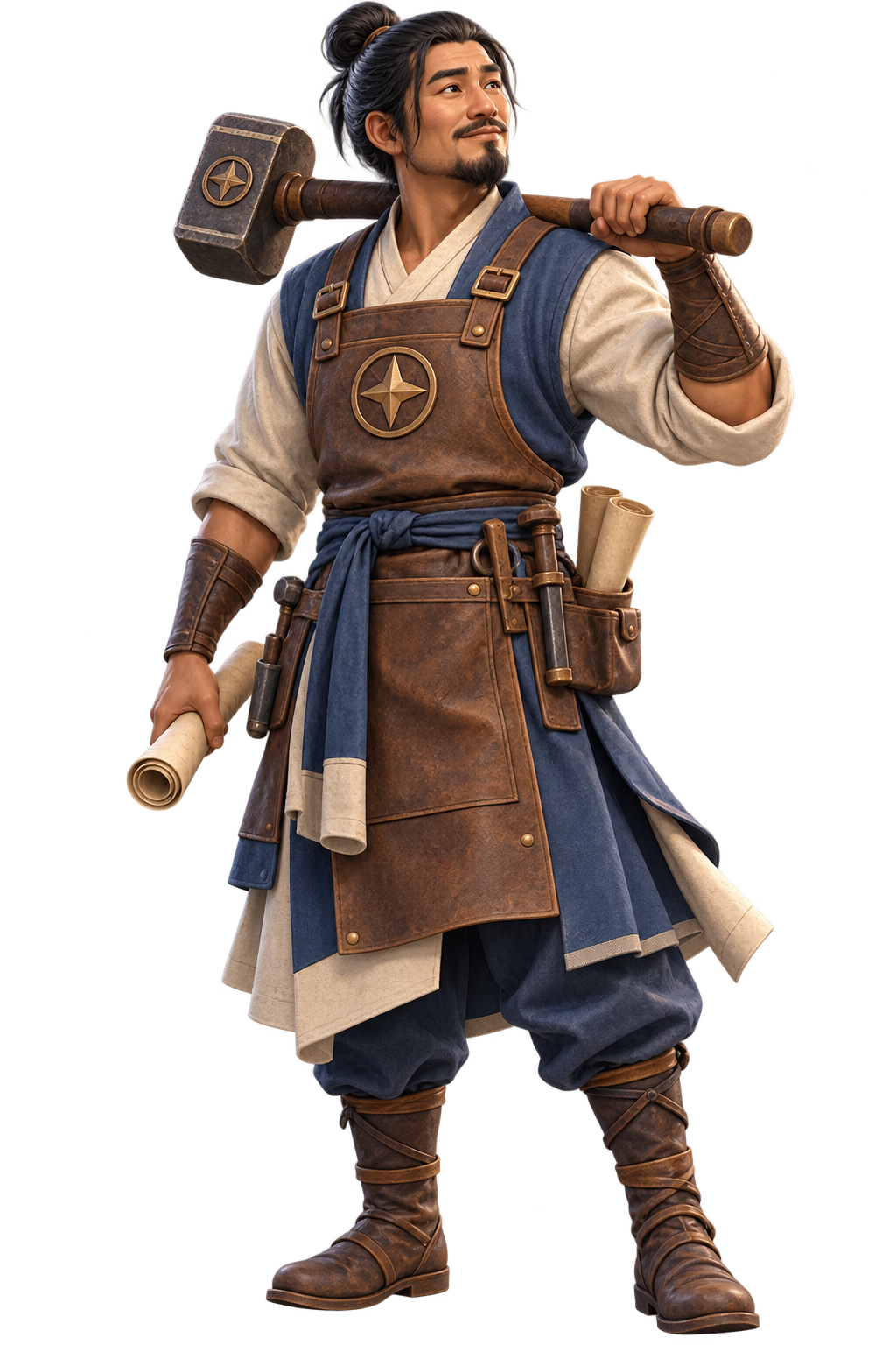 The Craftsman carrying a hammer and rolled plans