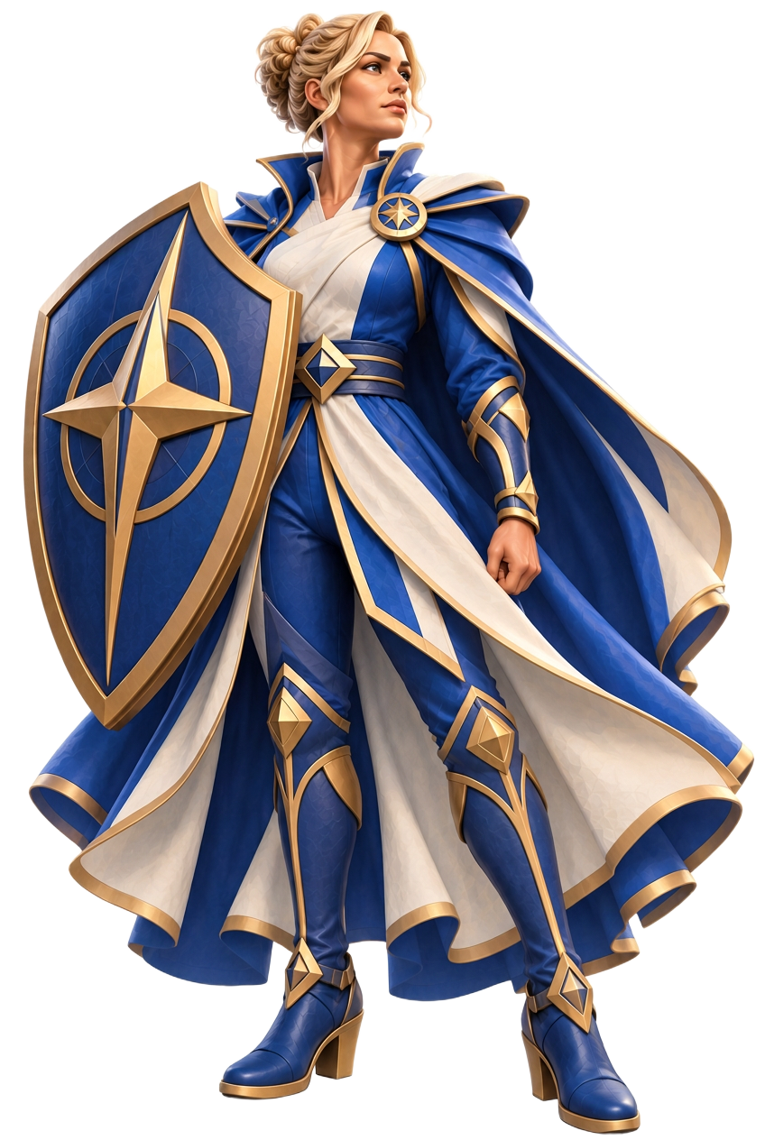 The Shieldbearer holding a blue and gold shield
