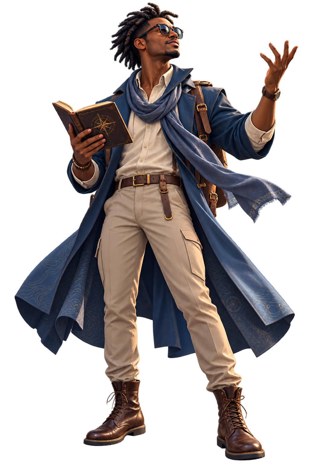 The Impresario holding an open compass journal
