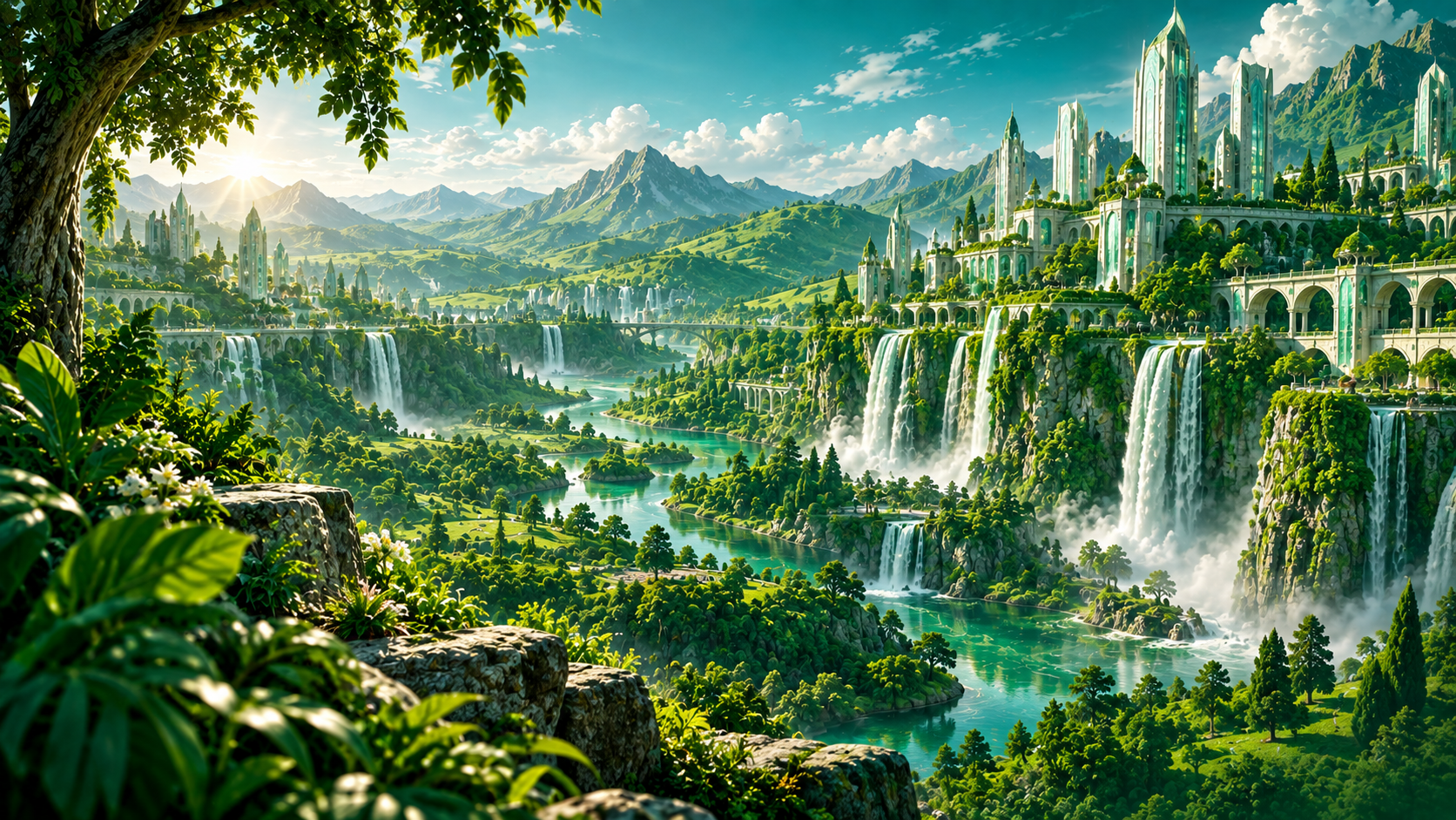 Green valley, waterfalls, and crystalline towers of the Cultivators